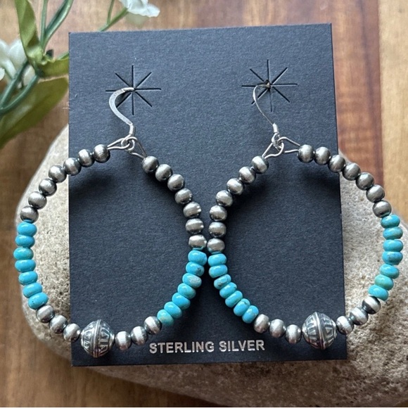 Sterling Silver Blue Turquoise Bead W Pearls Loop Hoop Earrings. - Picture 1 of 12